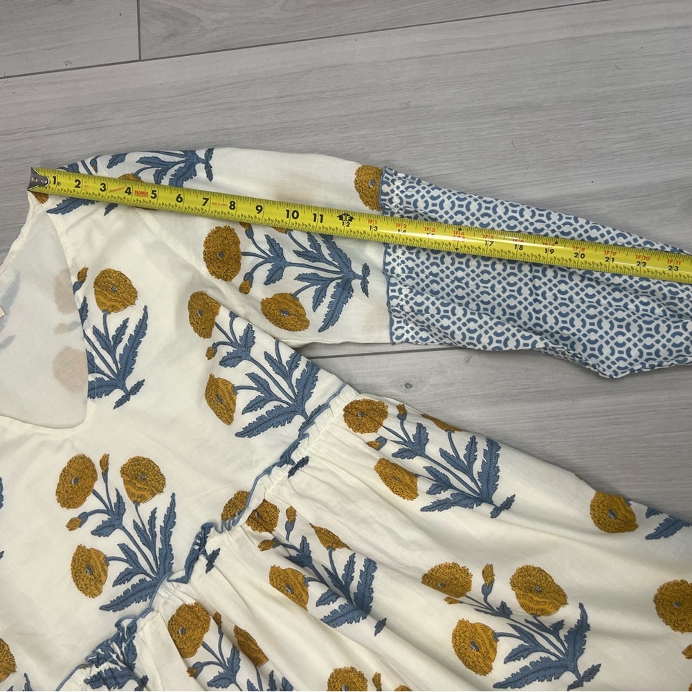 Pink Chicken Midi Dress Cream Blue Yellow Floral Print Sz S Cottagecore Boho - Picture 6 of 6